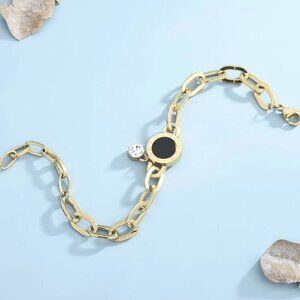 Women's Stainless Steel Roman Numeral Rhinestone Chain Bracelet Gold